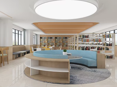 Modern Library Interior With Bookshelves And Reading Area 3d model