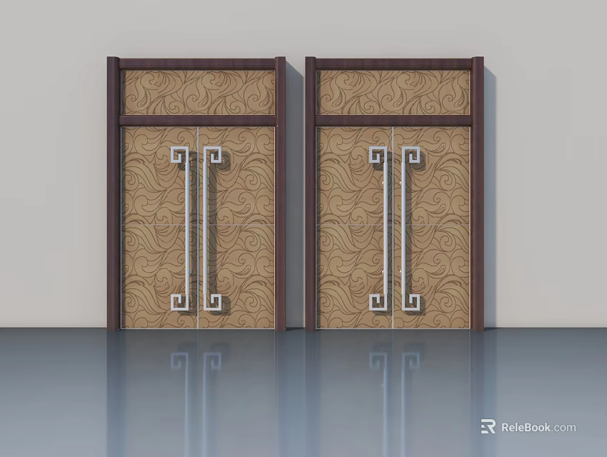 Elegant Classic Patterned Swing Doors With Dark Frame Silver Handles And Decorative Hardware 3d model 