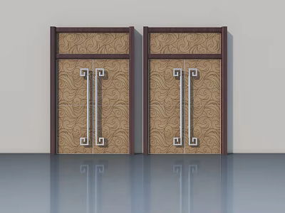 Elegant Classic Patterned Swing Doors With Dark Frame Silver Handles And Decorative Hardware 3d model