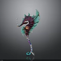 Vibrant Fantasy Weapon Featuring Curved Blade Seahorse Inspired Head Striped Handle And Glowing Accents