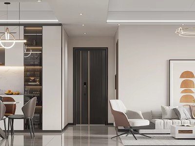 Modern Open Concept Living Dining Room Interior With Sofa Dining Table And Pendant Lights 3d model
