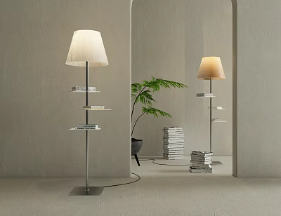 Minimalist Floor Lamp With Shelves Near Plant And Book Stacks 3d model Minimalist Floor Lamp With Shelves Near Plant And Book Stacks 3d model