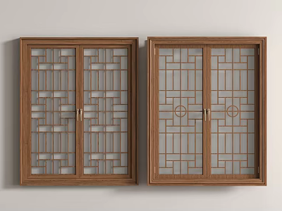 Wooden Lattice Windows Double Panel with Intricate Geometric Patterns for Interior Wall Decor 3d model