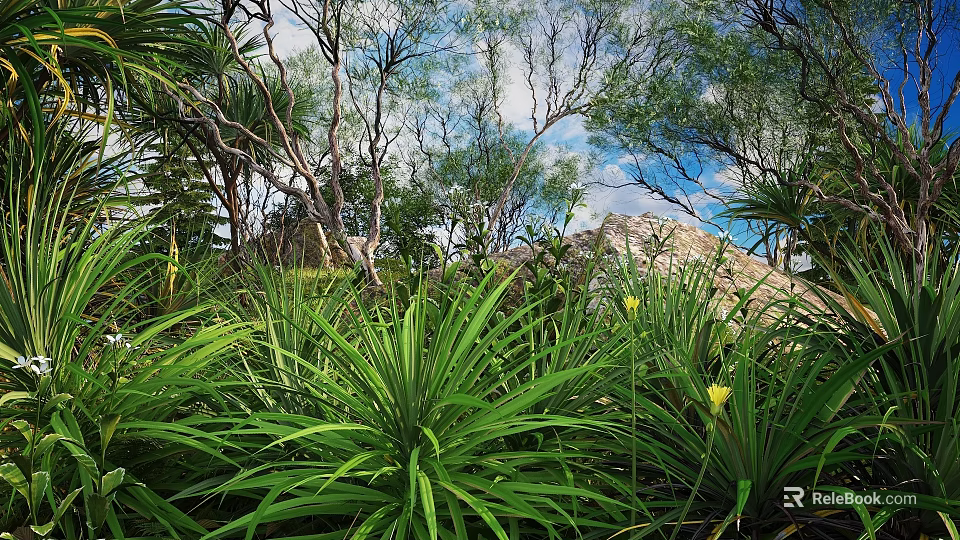 Lush Green Long Leaf Plants With Yellow Flowers Surrounded By Trees Rocks And Cloudy Sky 3d model 