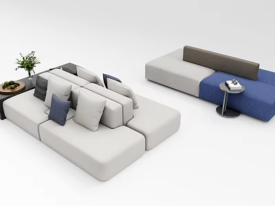 Modern Sectional Sofa In Light Gray Blue Gray With Plush Cushions Side Table And Plant 3d model