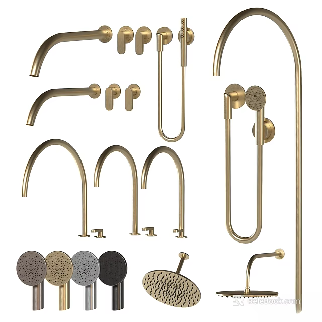 Golden Brass Faucets With Various Styles For Kitchen And Shower Accessories 3d model 
