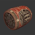 Traditional Cylindrical Stool With Red Black Intricate Patterns And Ornate Decorative Designs