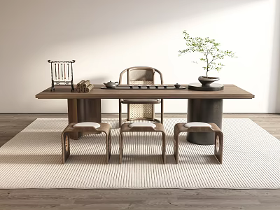Chinese Style Wooden Tea Table And Chairs With Tea Utensils Small Plant Warm Minimalist Interior 3d model