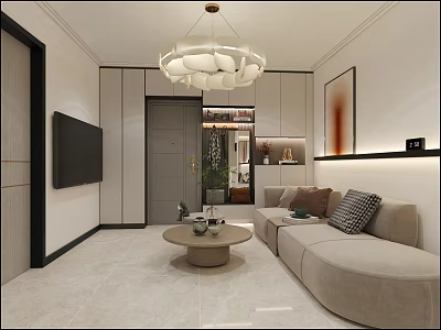 Elegant Modern Living Room With L Shaped Sofa Throw Pillows Round Coffee Table And Chandelier 3d model