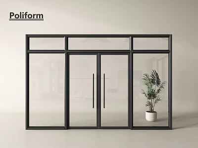 Modern Glass Double Doors with Black Frame and Potted Plant 3d model