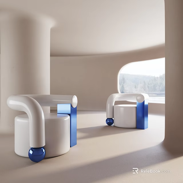 Modern Leisure Chair with Rounded Arms White Blue in Minimalist Interior Near Window Natural View 3d model 