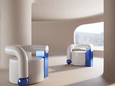Modern Leisure Chair with Rounded Arms White Blue in Minimalist Interior Near Window Natural View 3d model