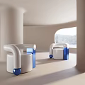 Modern Leisure Chair with Rounded Arms White Blue in Minimalist Interior Near Window Natural View