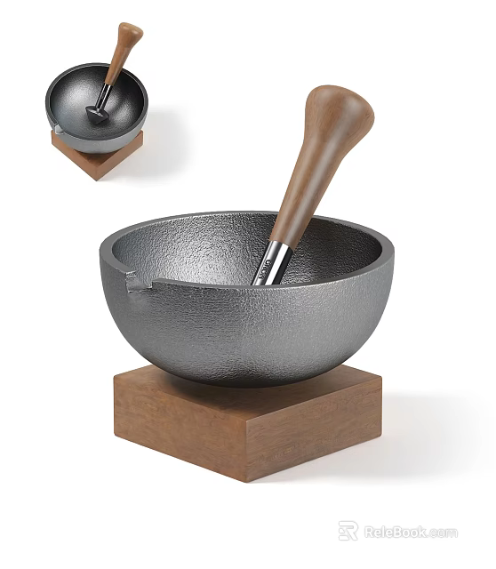 Sturdy Metal Mortar With Wooden Pestle And Base For Kitchen Use 3d model 