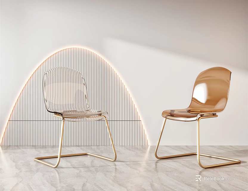 Modern Transparent Gold Leisure Chairs With Metal Legs Curved Light And Marble Floor 3d model 