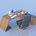 Modern Wooden Office Desk With Laptop Leather Chair And Office Supplies