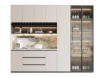 Modern Wine Cabinet With Glass Doors Wine Bottles And Lighting In Kitchen Design 3d model