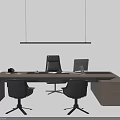Modern Office Desk With Three Chairs White iMac Black Phone Green Plant And Hanging Lamp