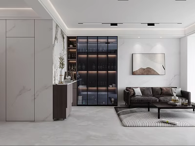 Modern Minimalist Living And Dining Room With Marble Surfaces Leather Sofa And Custom Wine Cabinet 3d model
