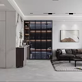 Modern Minimalist Living And Dining Room With Marble Surfaces Leather Sofa And Custom Wine Cabinet