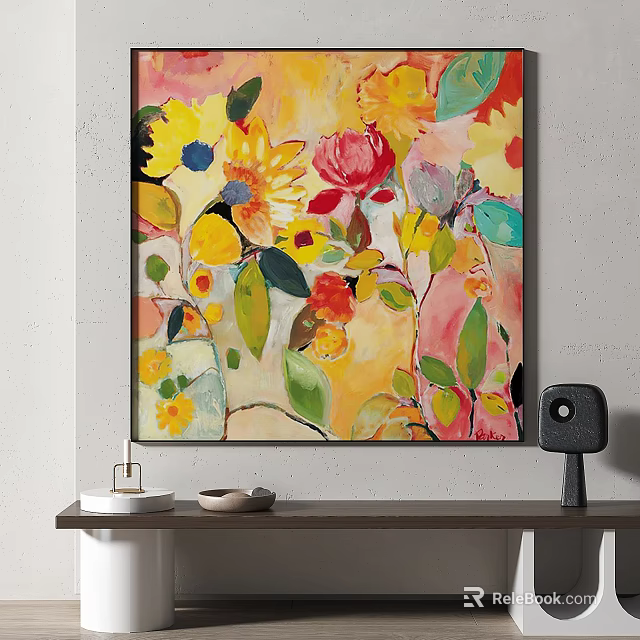 Vibrant Abstract Painting With Colorful Flowers Green Leaves And Artistic Details 3d model 