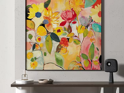 Vibrant Abstract Painting With Colorful Flowers Green Leaves And Artistic Details 3d model