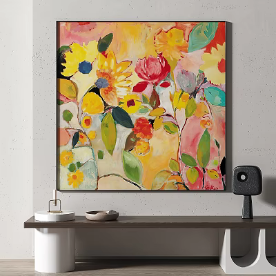 Vibrant Abstract Painting With Colorful Flowers Green Leaves And Artistic Details 3d model