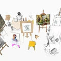 Art Supplies Collection With Easels Canvas Boards Sculpture Models And Paintings