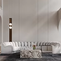 Modern Minimalist Living and Dining Room Interior With White Ceiling Arched Windows Staircase And Sofa