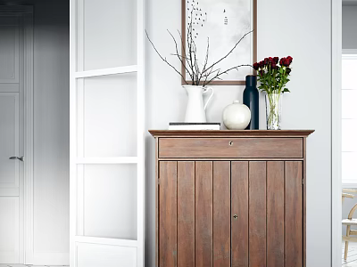 Wooden Entryway Cabinet and Sideboard with Decorative Vases and Red Roses 3d model
