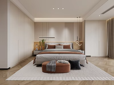 Modern Bedroom Interior Design With Queen Bed Area Rug And Pendant Lights 3d model