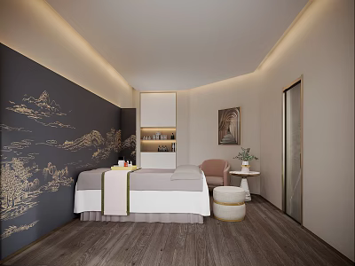 Serene SPA Sauna Room with Massage Bed Wooden Floor Beige Walls and Decorative Landscape Painting 3d model