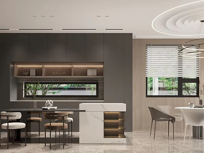 Modern Dining and Living Room Interior With Dark Cabinets Dining Table And Window Blinds 3d model