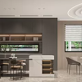 Modern Dining and Living Room Interior With Dark Cabinets Dining Table And Window Blinds
