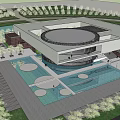Modern Public Building Exterior With Circular Roof Water Pool Pedestrian Walkway And Greenery