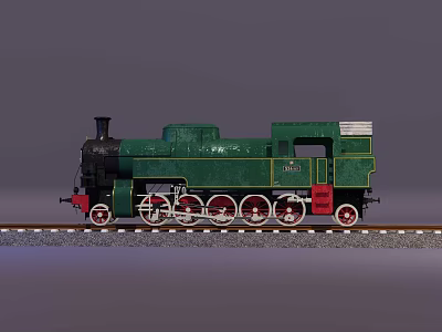 Detailed Vintage Green Steam Train Model with Red Wheels on Railway Track 3d model
