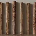 Natural Wood Logs Arranged in Row With Different Textures Colors and Light Background