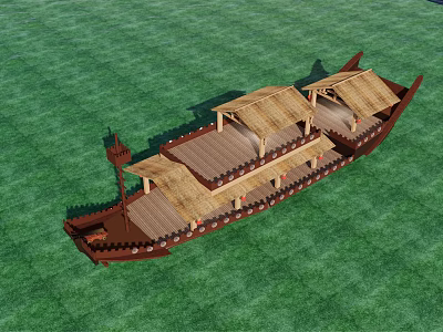 Traditional Wooden Boat With Thatched Roof Multiple Deck Areas And Classic Design 3d model