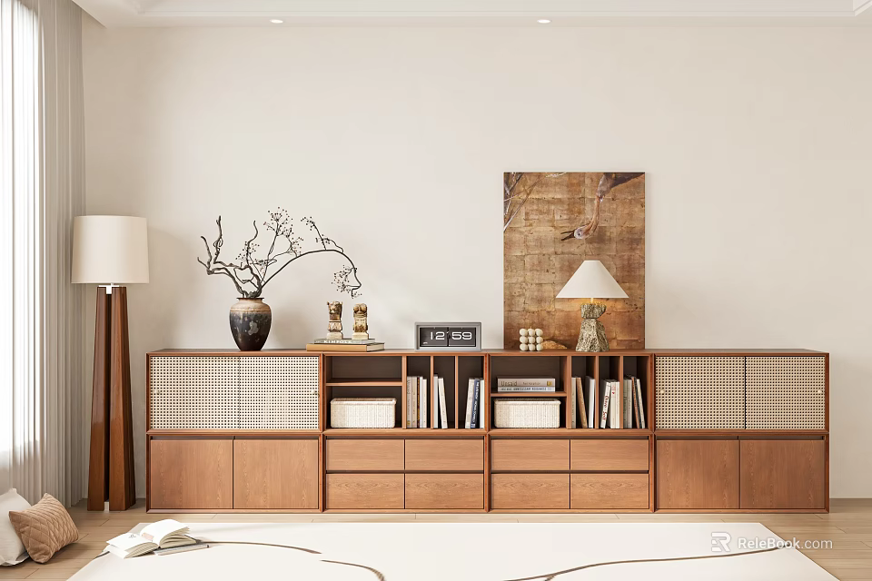 Modern Wooden Bookcase With Books Decorations Table Lamp And Wall Art 3d model 