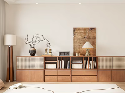 Modern Wooden Bookcase With Books Decorations Table Lamp And Wall Art 3d model