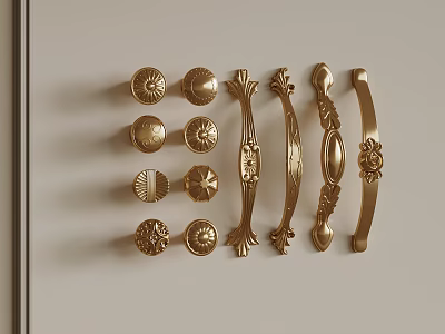 Elegant Golden Decorative Door Handles And Cabinet Knobs With Various Designs 3d model