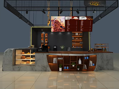 Modern Hotel Lobby Interior Design With Reception Counter Display Shelves And Hanging Lights 3d model