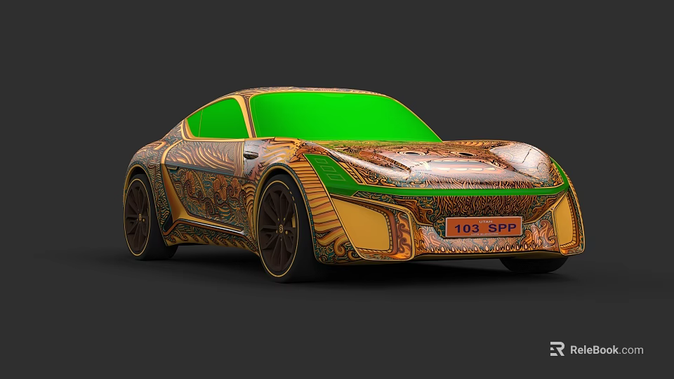 Colorful Patterned Sports Car With Green Roof And Unique Artistic Body Design 3d model 
