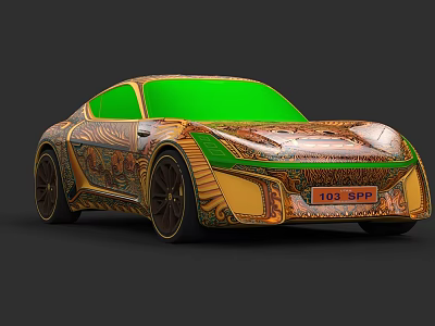 Colorful Patterned Sports Car With Green Roof And Unique Artistic Body Design 3d model