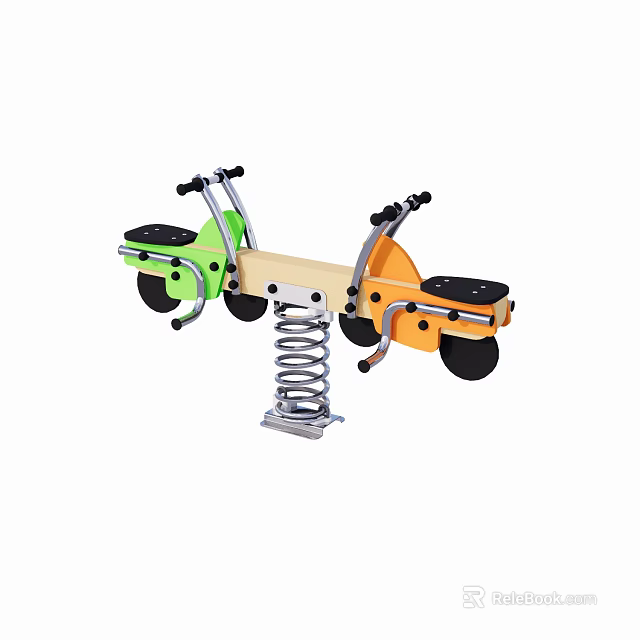 Kids Double Seesaw Play Equipment Green Orange Seats With Spring Base And Black Wheels 3d model 