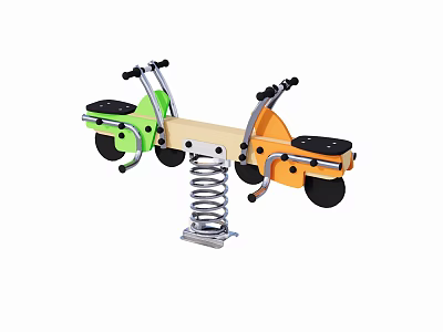 Kids Double Seesaw Play Equipment Green Orange Seats With Spring Base And Black Wheels 3d model