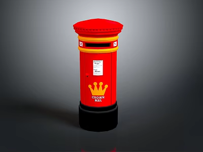 Traditional Red Royal Mail Post Box Structure With Crown Logo And Yellow Accents 3d model