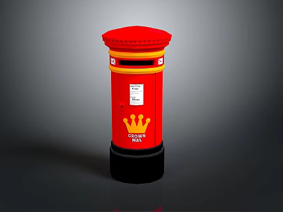 Traditional Red Royal Mail Post Box Structure With Crown Logo And Yellow Accents 3d model