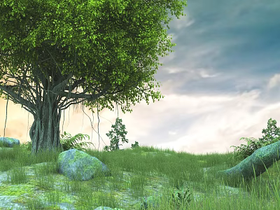Scenic Natural Landscape With Large Ancient Tree Lush Green Leaves Grassy Field And Cloudy Sky 3d model