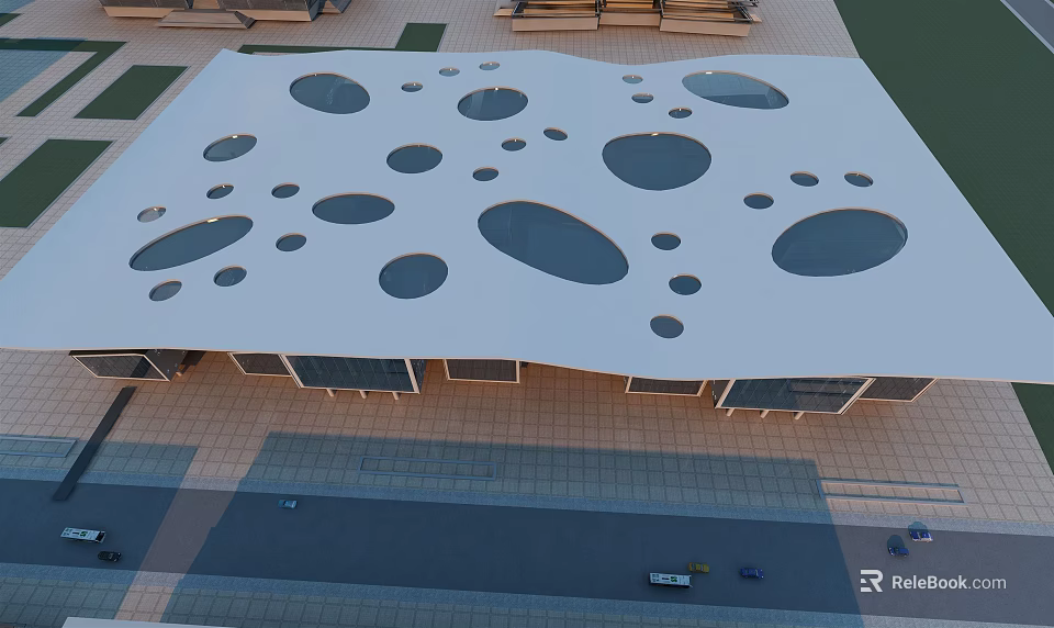 Aerial View Of Unique White Roof Building With Irregular Circular Holes Brick Ground And Roads 3d model 